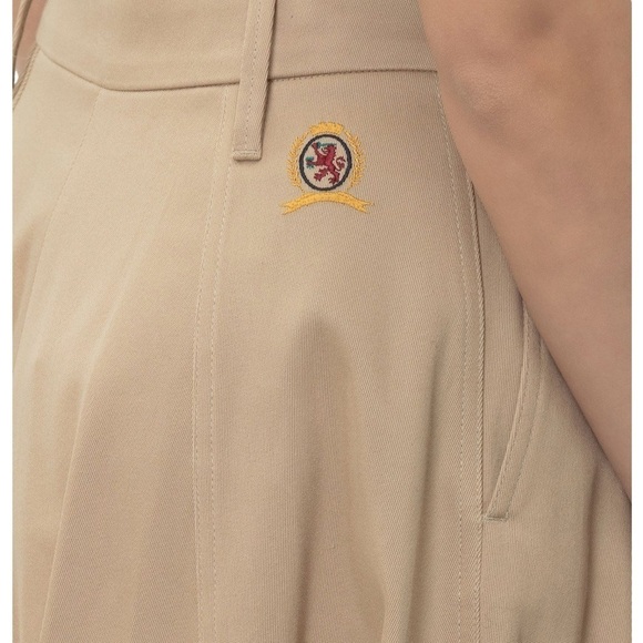 TOMMY HILFIGER Khaki Embroidered Crest Cotton Twill Pleated Chino Midi Skirt L - Picture 10 of 14